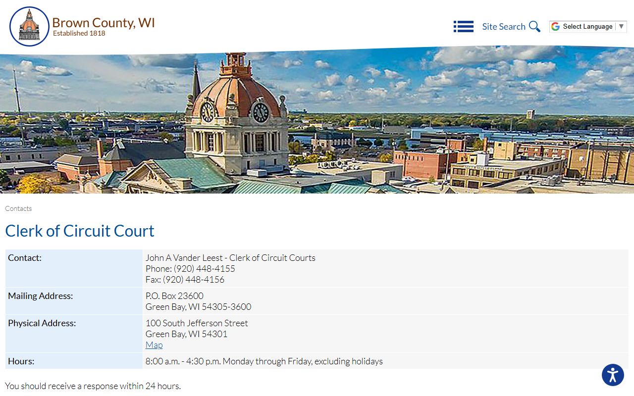 Brown County Clerk of Circuit Court contact page for court records