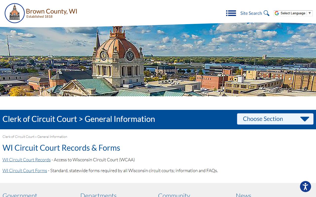 Brown County court records and forms page from the Clerk of Circuit Court