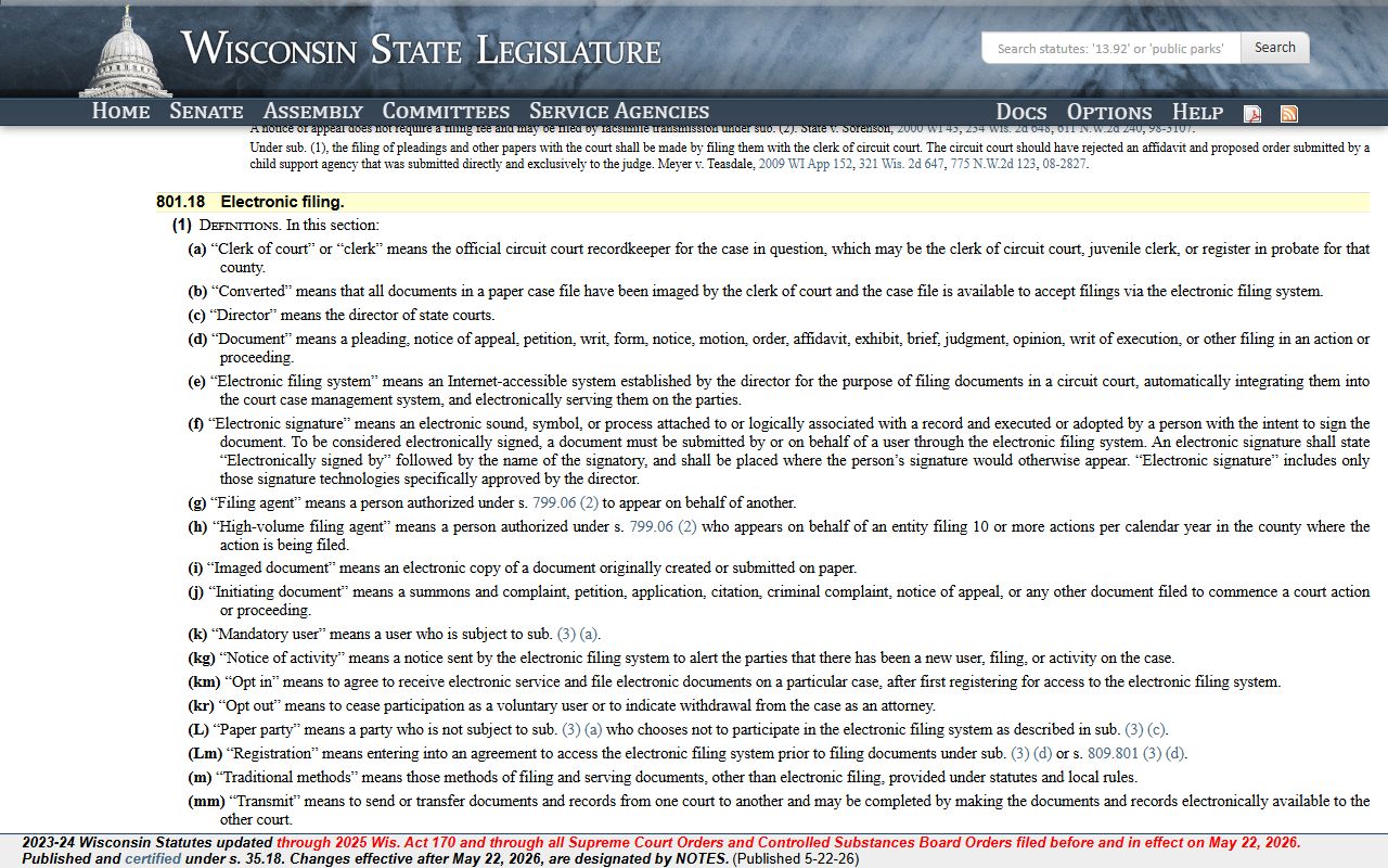 Wisconsin electronic filing statute for Brown County Circuit Court cases