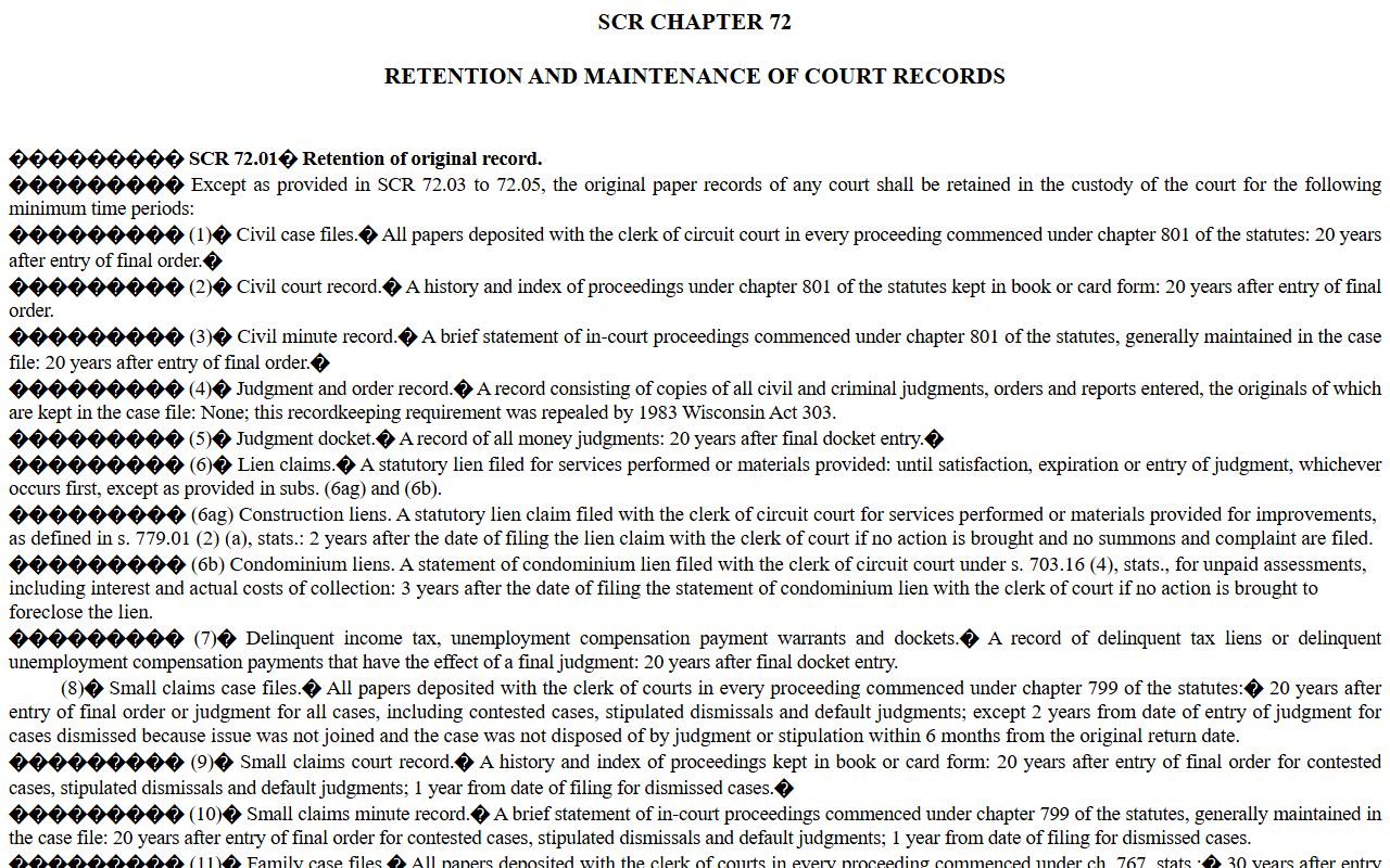 Wisconsin SCR Chapter 72 records retention for Brown County Circuit Court