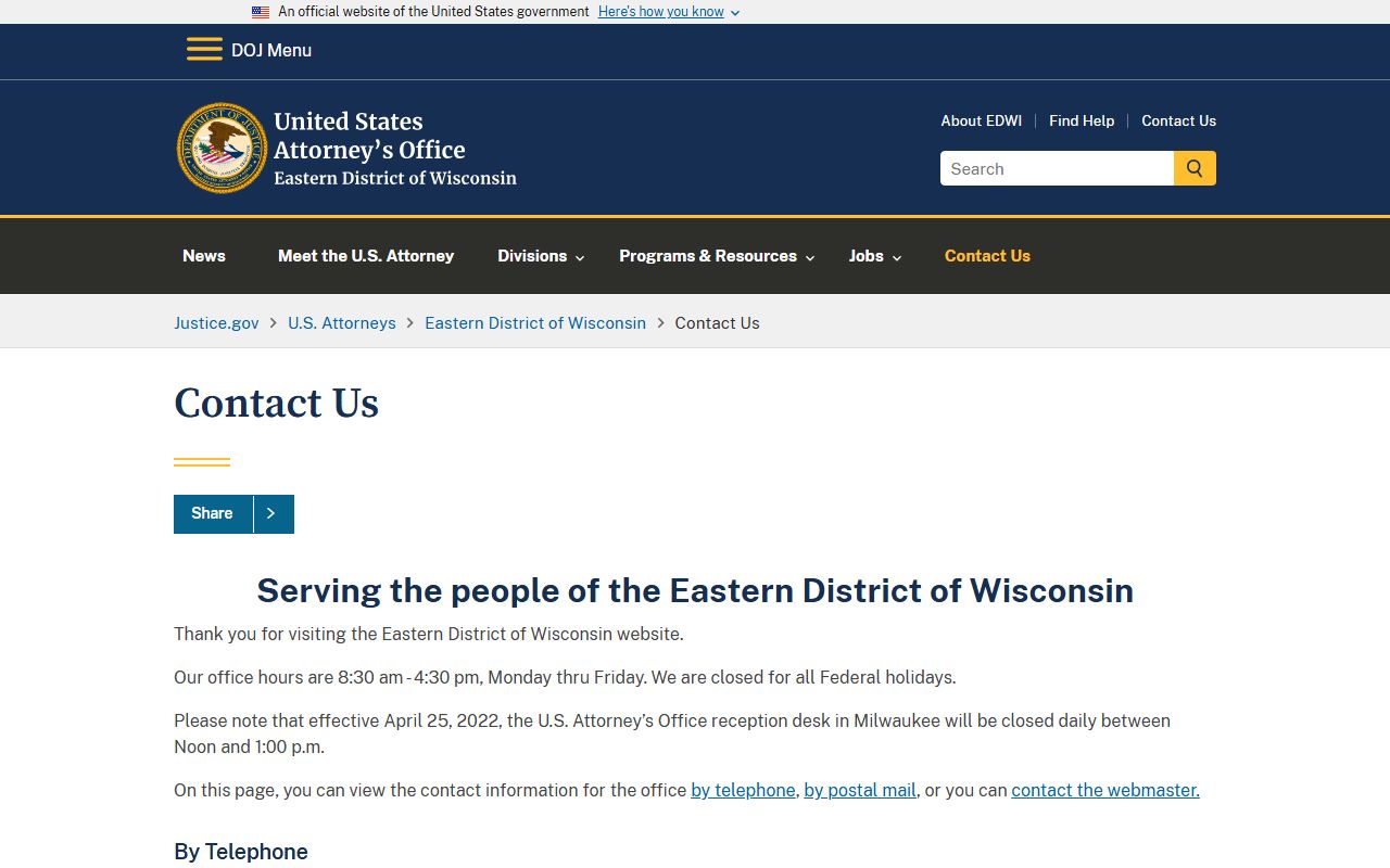 U.S. Attorney Eastern District of Wisconsin contact for federal cases