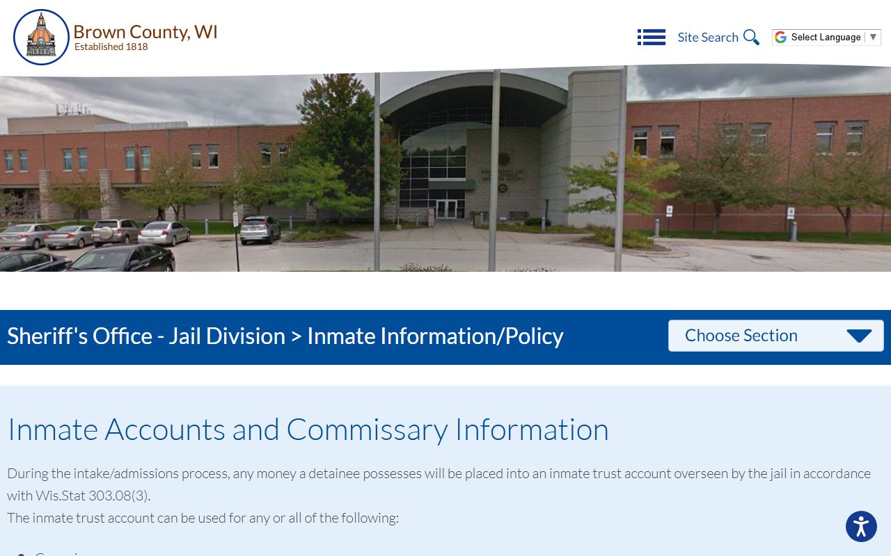 Brown County inmate information policy for inmate records and accounts
