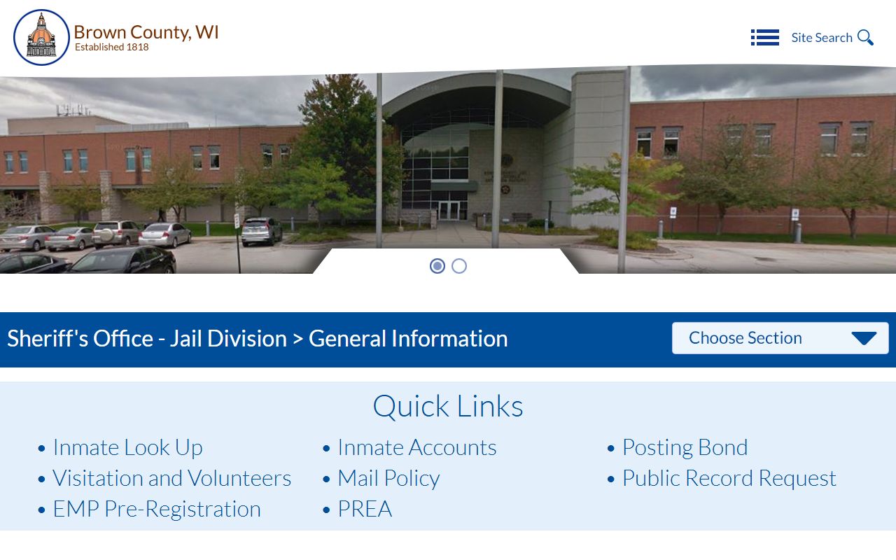 Brown County Jail Division homepage for inmate records and contact