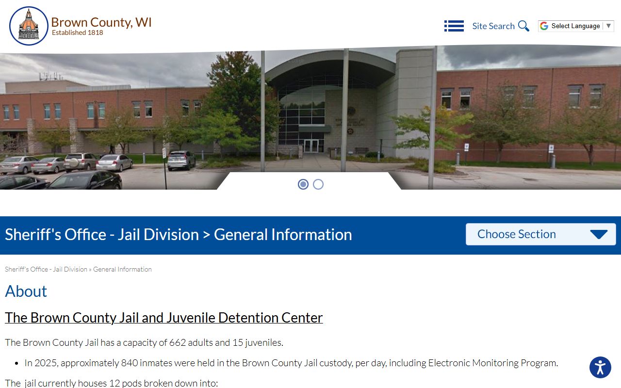 Brown County Jail Division about page with capacity for inmate records