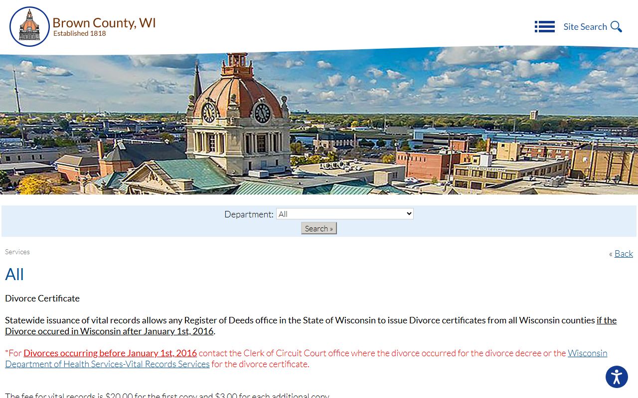 Brown County divorce certificate process for divorce records