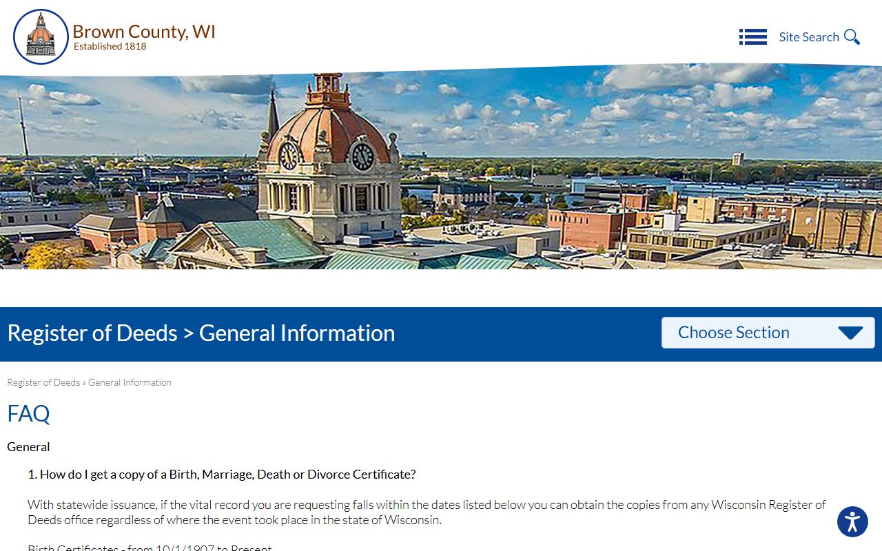 Brown County Register of Deeds FAQ for marriage and divorce records