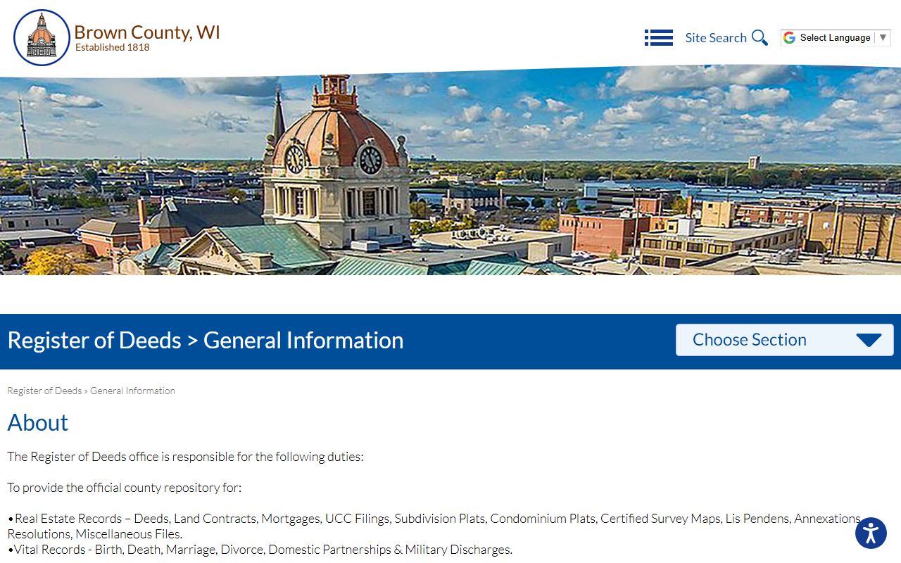 Brown County Register of Deeds about page for marriage records