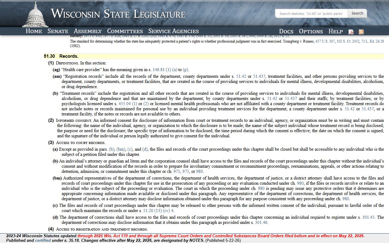 Wisconsin mental health records statute for Brown County probate records