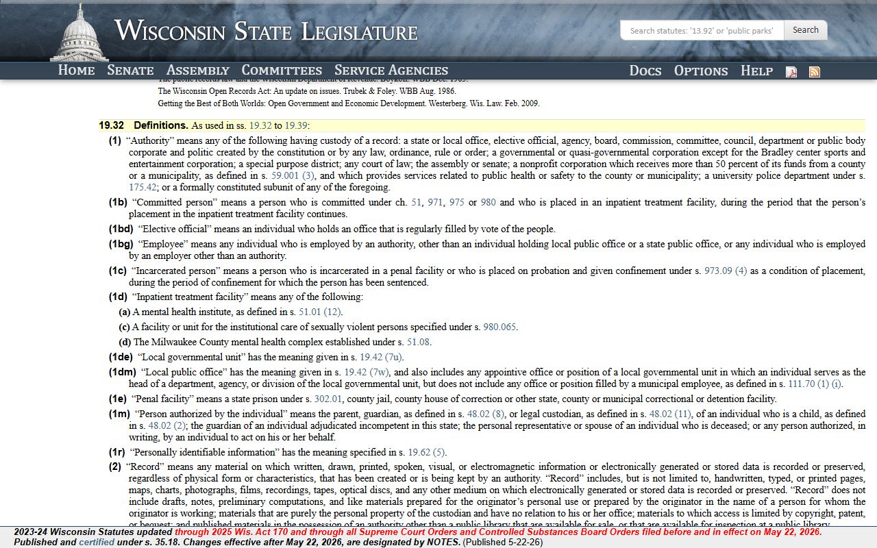 Wisconsin public records definitions statute for Brown County records