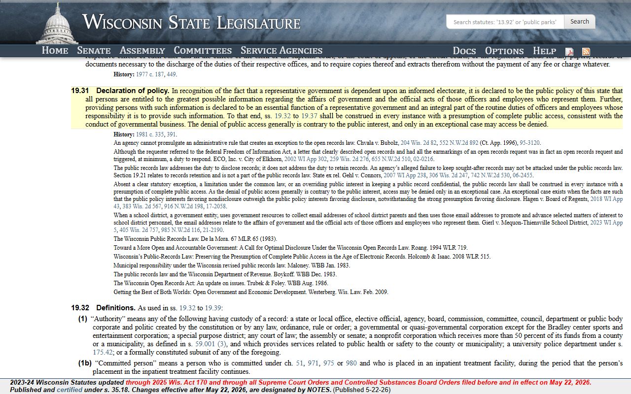 Wisconsin public records policy statute for Brown County public records