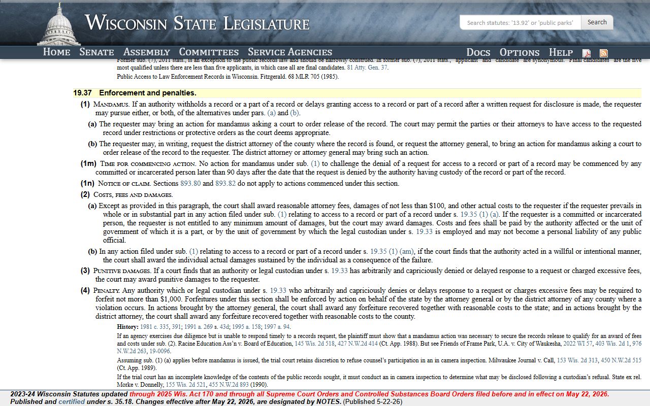 Wisconsin public records enforcement statute for Brown County requests