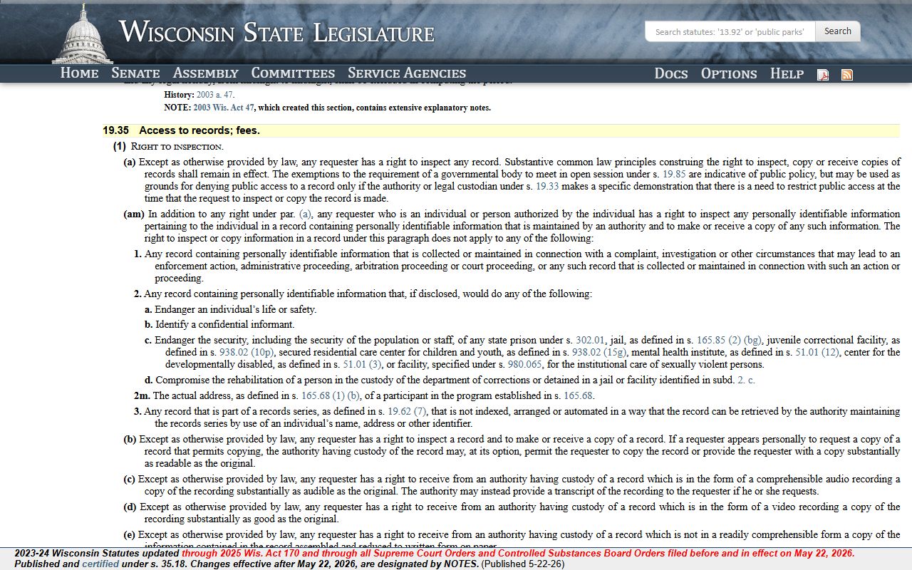 Wisconsin public records access and fees statute for Brown County