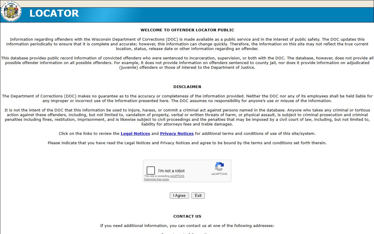 Wisconsin DOC locator for Brown County warrant and custody status